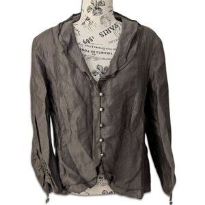 Gerry Weber Cinch Sleeves Buttoned Front Blazer Top Linen Brown Bronze FR 42 M